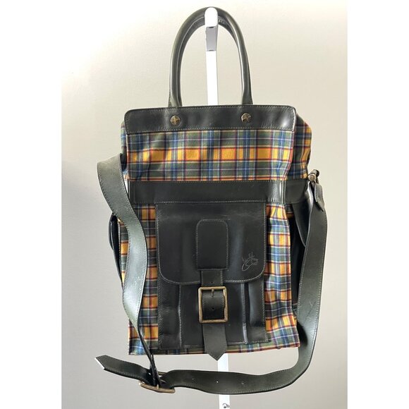 John Fluevog "Eddie Weekend" Plaid Canvas & Leather Tote - Picture 1 of 15